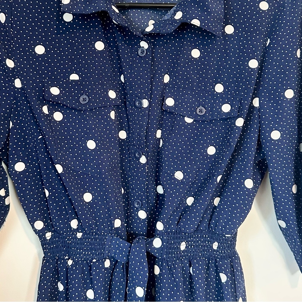 Elegant Navy Polka Dot Long Sleeve Dress - Size: Petite Large - Picture 4 of 8